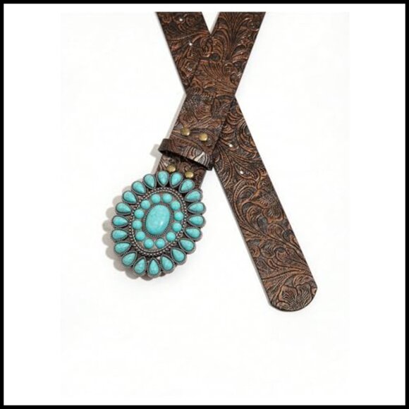 Vintage Western Belt Turquoise Buckle Faux Leather Waist Belt Y2K Retro main image 2